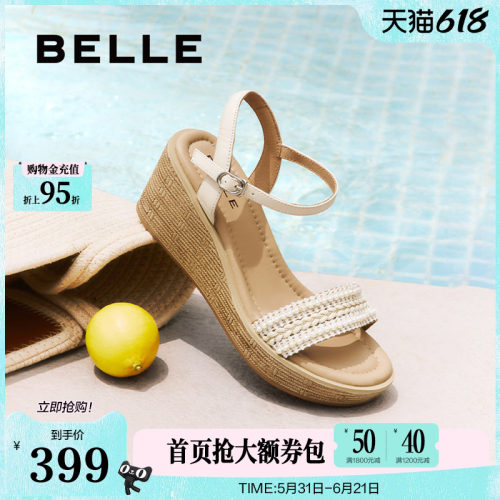 百丽度假风一字带凉鞋夏季新款妈妈坡跟松糕凉鞋子D8T1DBL5