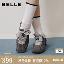 百丽银色缎面芭蕾德训鞋女2026新款薄底休闲运动赤足鞋子B3334CM6