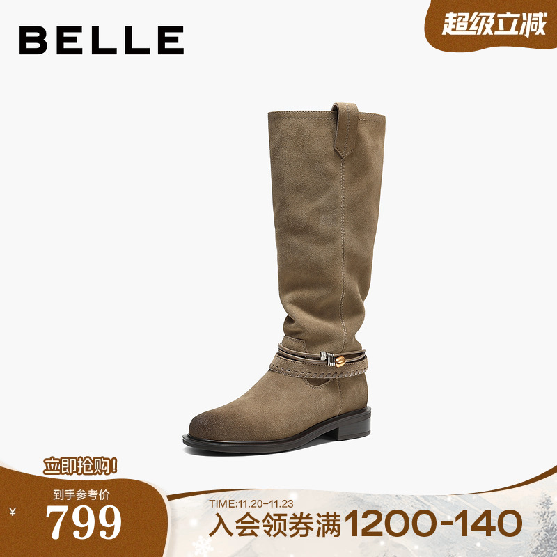 百丽复古堆堆靴西部靴女2025冬季新款巴恩风高长筒靴子F2S1DDG5