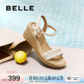 妈妈坡跟松糕凉鞋 新款 子D8T1DBL5 夏季 百丽度假风一字带凉鞋