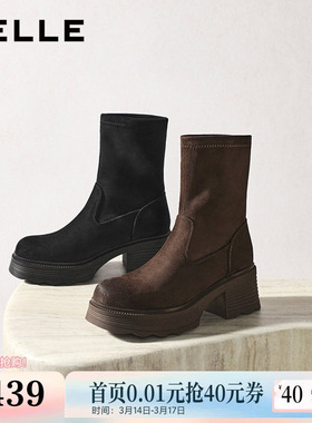 百丽女靴子复古弹力靴冬季新款加绒高跟显瘦瘦短靴E5G2DDZ5