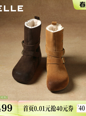 百丽复古双饰扣雪地靴女冬内增高加毛保暖休闲中靴F3E1DDZ5