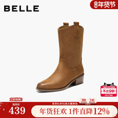 新款 百丽显瘦时装 靴子冬季 粗高跟中筒靴美拉德休闲西部靴B2929DZ5