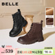 百丽加绒靴子羊皮英伦风马丁靴女冬季 显瘦瘦粗跟休闲短靴E5S2DD