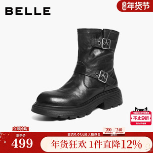 百丽厚底增高真皮西部靴子女冬新复古双饰扣中筒靴B2959DD5