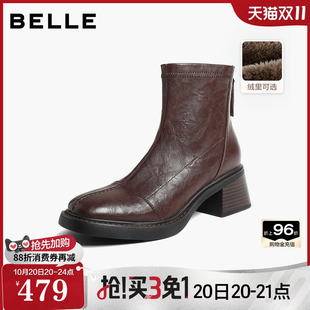 百丽复古粗高跟弹力短靴女2026冬季新款显瘦瘦黑色短靴子G5S1DDD6