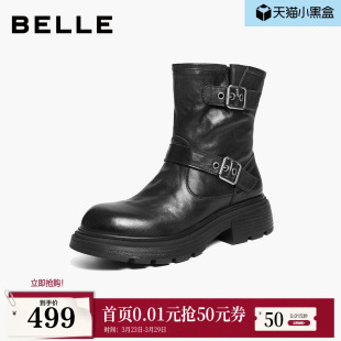 百丽厚底增高真皮西部靴子女冬新复古双饰扣中筒靴B2959DD5