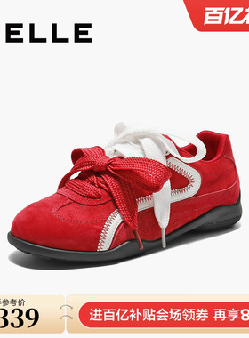 百丽芭蕾双鞋带复古薄底德训鞋新款红色休闲运动鞋子B2839CM5