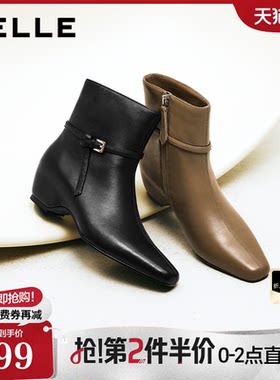 百丽柔软羊皮时装靴高跟女靴2026冬季新款真皮内增高短靴G4Q1DDD6