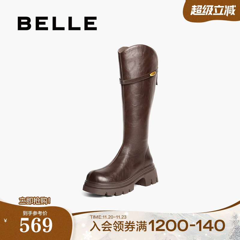 百丽高长骑士弹力靴女鞋冬季新款厚底加绒显瘦长筒靴子B2833DG5