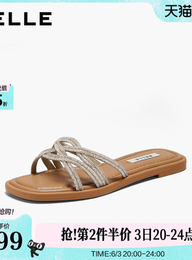 百丽细钻一字拖女2026夏季新款平底室内可外穿沙滩拖鞋子F7A1D