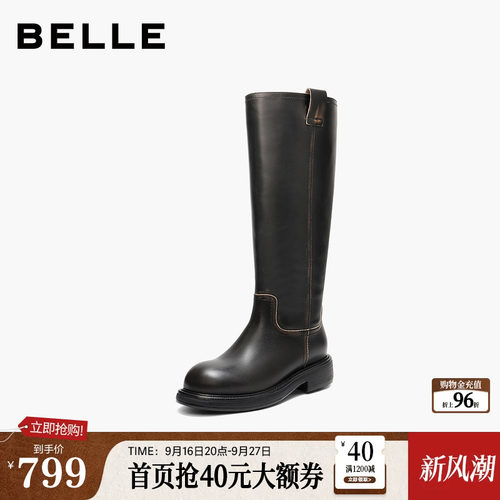 百丽复古真皮高长靴骑士靴女冬季新款厚底显瘦长筒靴F2U1DDG5