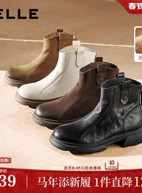 百丽复古时装超软羊皮靴新款加绒雪地靴显瘦粗高跟短靴E5S1DDD5