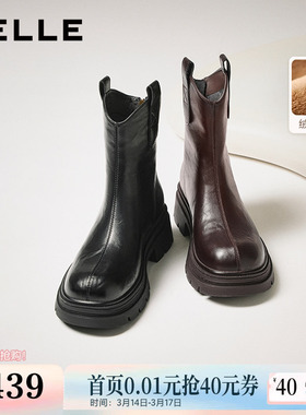 百丽复古加绒弹力靴女冬季新款厚底粗跟显瘦瘦靴短靴子E5E1DDZ5