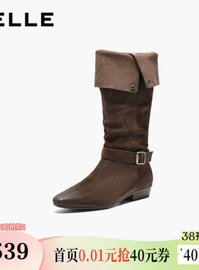 百丽复古西部牛仔靴时装靴秋冬堆堆靴宽筒围长筒靴子BFB71DG5