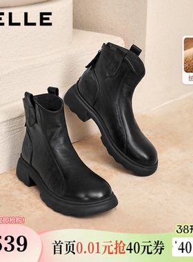 百丽复古时装超软羊皮靴新款加绒显瘦厚底粗高跟短靴子E5S1DDD5
