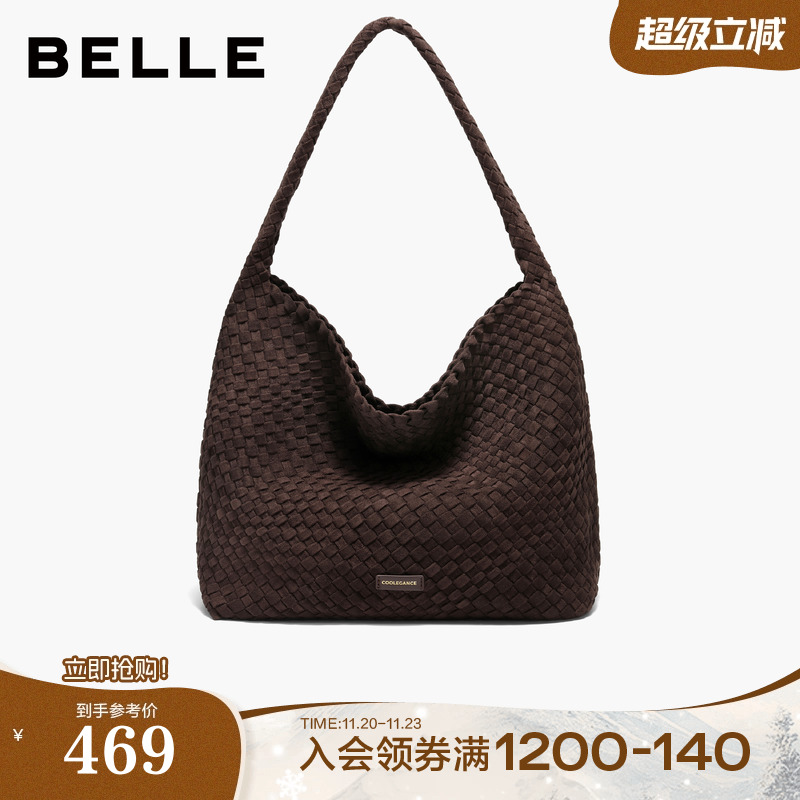 百丽包女25冬商场同款复古休闲绒面编织单肩hobo托特包JY186DX5