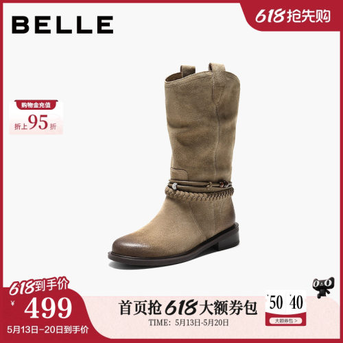 百丽复古显瘦时装靴女鞋子冬季新款中筒显瘦牛仔西部靴3QFC6DZ5