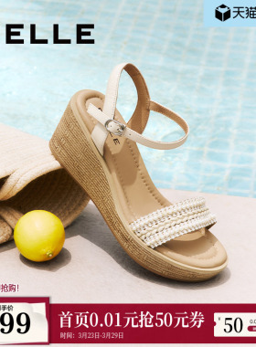 百丽度假风一字带凉鞋夏季新款妈妈坡跟松糕凉鞋子D8T1DBL5