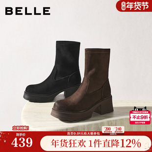 百丽女靴子复古弹力靴冬季新款加绒高跟显瘦瘦短靴E5G2DDZ5