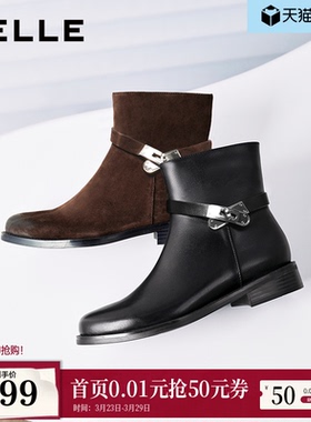 百丽女靴真皮通勤时装靴冬新款粗跟瘦瘦靴绒面中筒短靴3QF48DD5