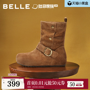 百丽复古吐司勃肯靴女冬季 内增高西部堆堆短靴子E7X1DDZ5 新款