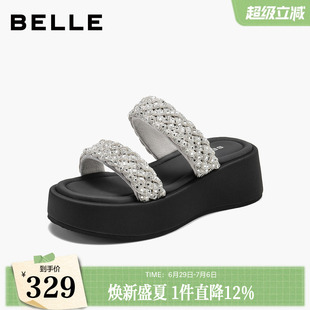 百丽闪耀星河拖沙滩休闲拖鞋女2026新款厚底增高外穿拖鞋B3275BT6