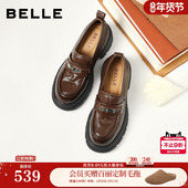 百丽复古厚底增高真皮乐福鞋 子E9M1DAA6 黑色小皮鞋 女2026春季 新款