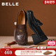 百丽复古羊皮乐福鞋 子B2988AA6 粗高跟通勤深口单鞋 女26春季 新款