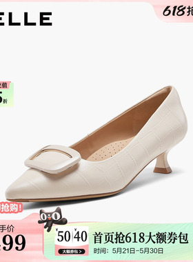百丽羊皮黑色高跟单鞋女26春季新款通勤上班不累脚猫跟鞋子F1T1DA