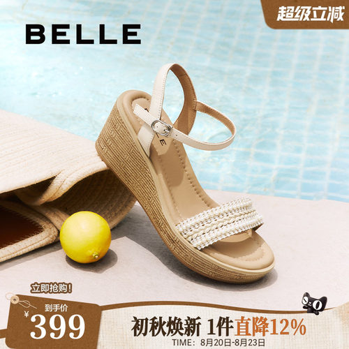 百丽度假风一字带凉鞋夏季新款妈妈坡跟松糕凉鞋子D8T1DBL5