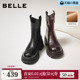 百丽复古加绒弹力靴女冬季 厚底粗跟显瘦瘦靴短靴子E5E1DDZ5 新款
