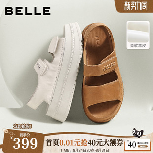 百丽羊皮厚底增高运动凉鞋女2026夏季新款魔术贴沙滩鞋子F7D1