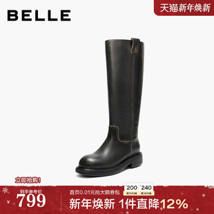 百丽复古真皮高长靴骑士靴女25冬季 厚底显瘦长筒靴F2U1DDG5 新款