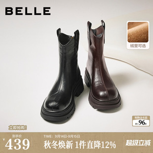 厚底粗跟显瘦瘦靴短靴子E5E1DDZ5 新款 百丽复古加绒弹力靴女冬季