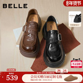 单鞋 沈梦辰同款 百丽厚底增高踩脚跟乐福女真皮黑色小皮鞋 子F2M1DA