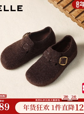 百丽复古厚底全麦吐司勃肯鞋女冬季毛毛加绒棉鞋雪地靴E1H2DDM5