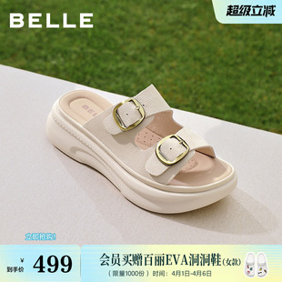 厚底增高拖鞋 F5T1DBT6 女2026夏新商场同款 百丽复古双饰扣勃肯鞋