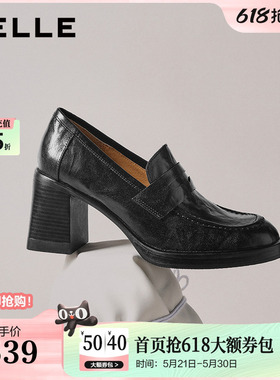 百丽复古海鸥羊皮粗高跟鞋增高乐福鞋子黑色小皮鞋单鞋B2948AA6