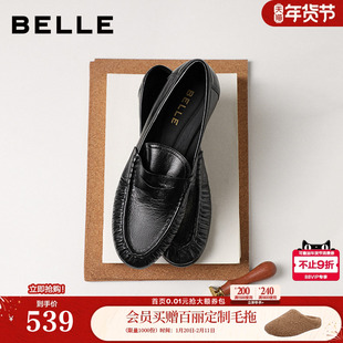 百丽褶皱乐福鞋女26春季新款真皮黑色小皮鞋豆豆单鞋子F3S1DAA6