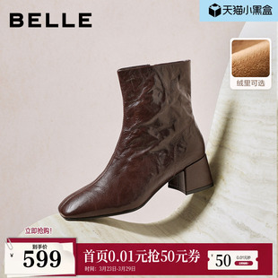 显瘦粗高跟防滑短靴子F2Q1DDZ5 新款 百丽超软羊皮加绒时装 靴冬季