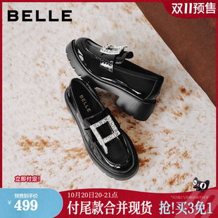双11预售百丽水钻方扣厚底增高乐福鞋女新款黑色小皮鞋粗跟单鞋子