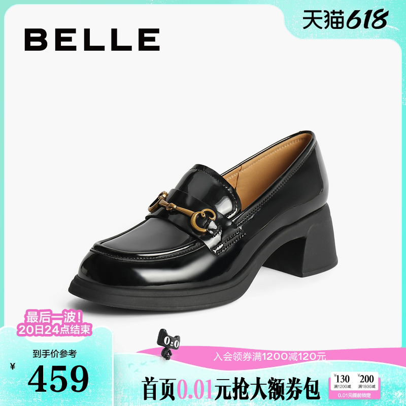 百丽女鞋子英伦通勤单鞋黑色小皮鞋马衔扣粗高跟乐福鞋3A625CA