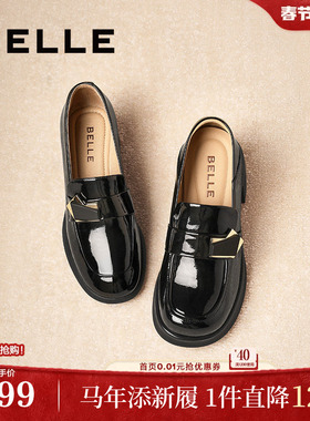 百丽粗高跟乐福鞋女春新款一脚蹬黑色小皮鞋单鞋子D7E1DAA5