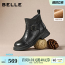 百丽黑巧靴抓皱真皮时装 黑色切尔西靴短筒靴E8P1DDD5 靴加绒新款