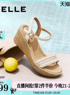 百丽度假风一字带凉鞋夏季新款妈妈坡跟松糕凉鞋子D8T1DBL5