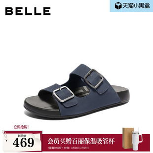26夏新款 男士 增高软底一字拖A2374BT6 休闲勃肯牛皮凉拖鞋 百丽男鞋