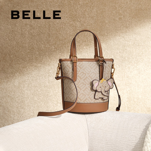 百丽包包女小象桶复古老花休闲通勤斜挎手拎手提水桶包X7233BX5