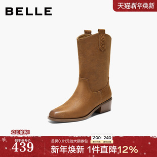 粗高跟中筒靴美拉德休闲西部靴B2929DZ5 新款 百丽显瘦时装 靴子冬季