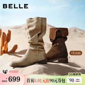 吴千语同款 圆头堆堆长筒靴3QFC3D 百丽女靴荒野来信西部牛仔靴新款